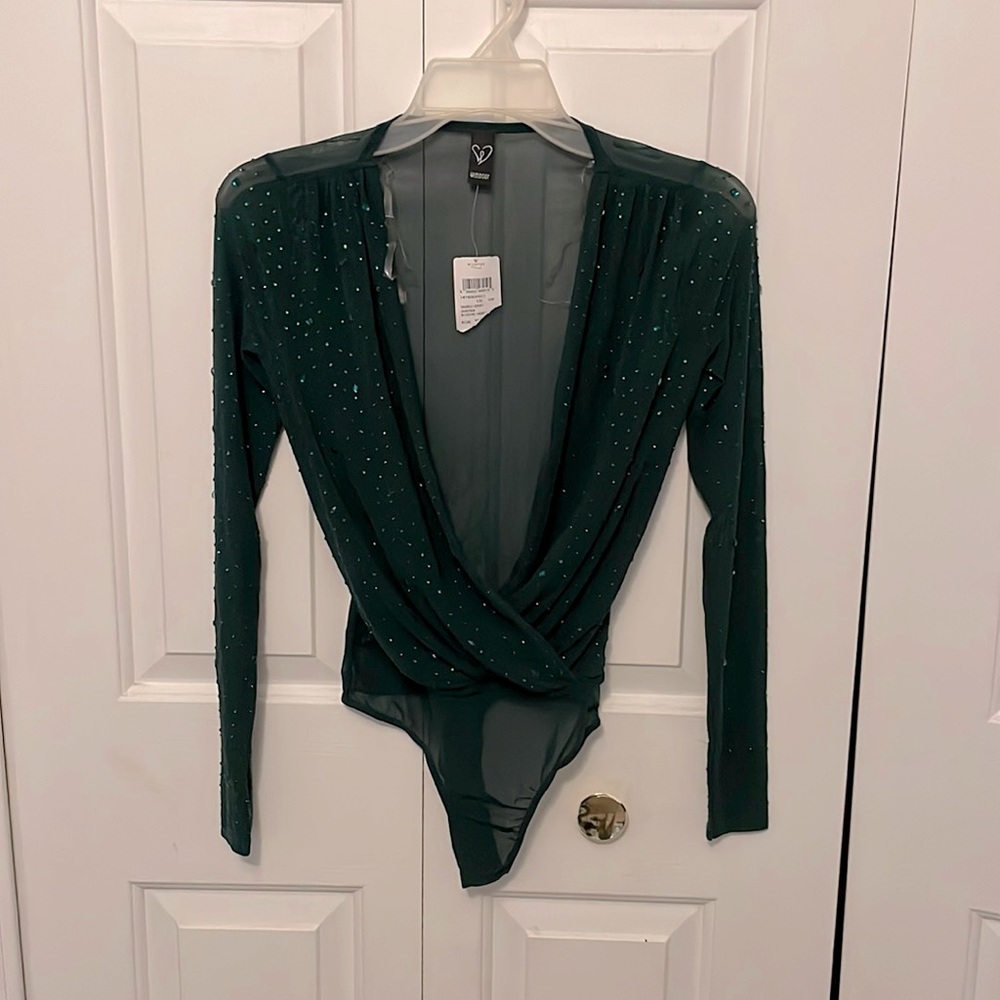 Windsor sheer open front Sz XS GREEN beaded LS  bodysuit NWT B71